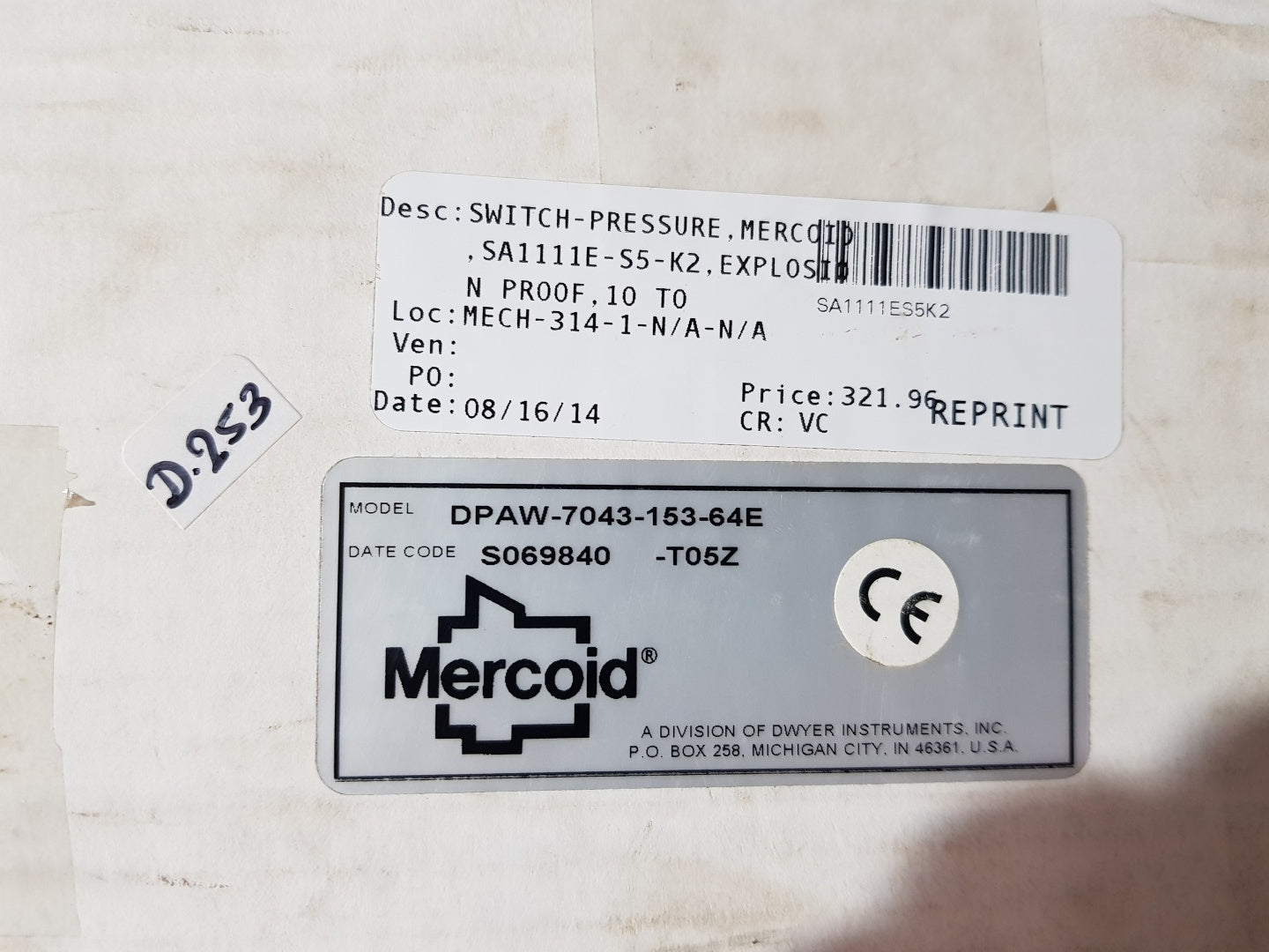 Mercoid dpaw-7043-153-64e pressure switch