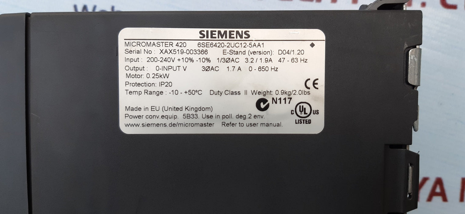 Siemens 6se6420-2uc12-5aa1 micromaster 420 0.25kw