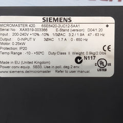 Siemens 6se6420-2uc12-5aa1 micromaster 420 0.25kw