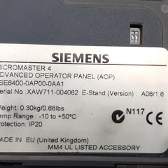 Siemens micromaster 4 6se6400-0ap00-0aa1 advanced operator panel