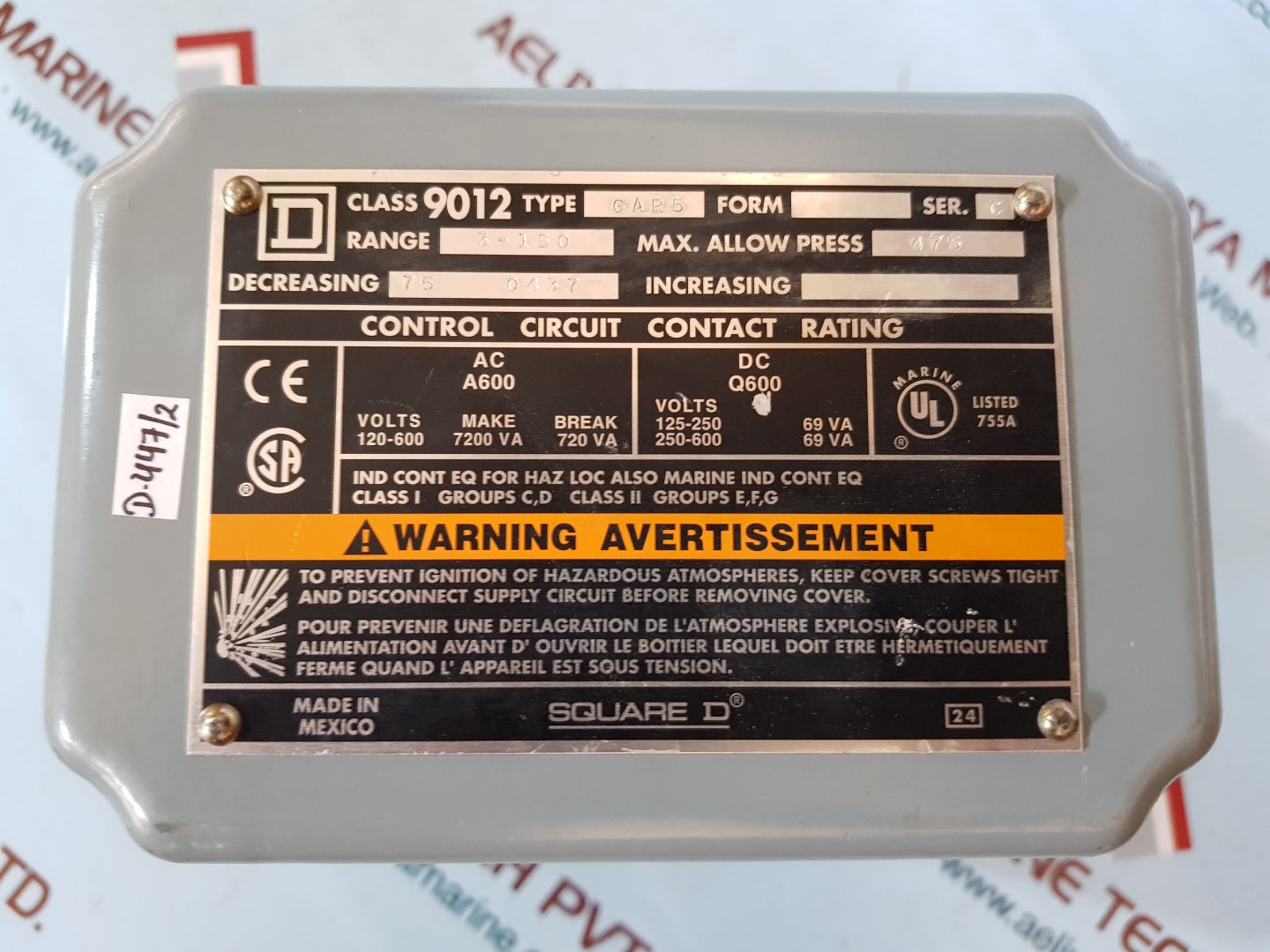 Square D 9012 gar5 pressure switch ser C range 3-150