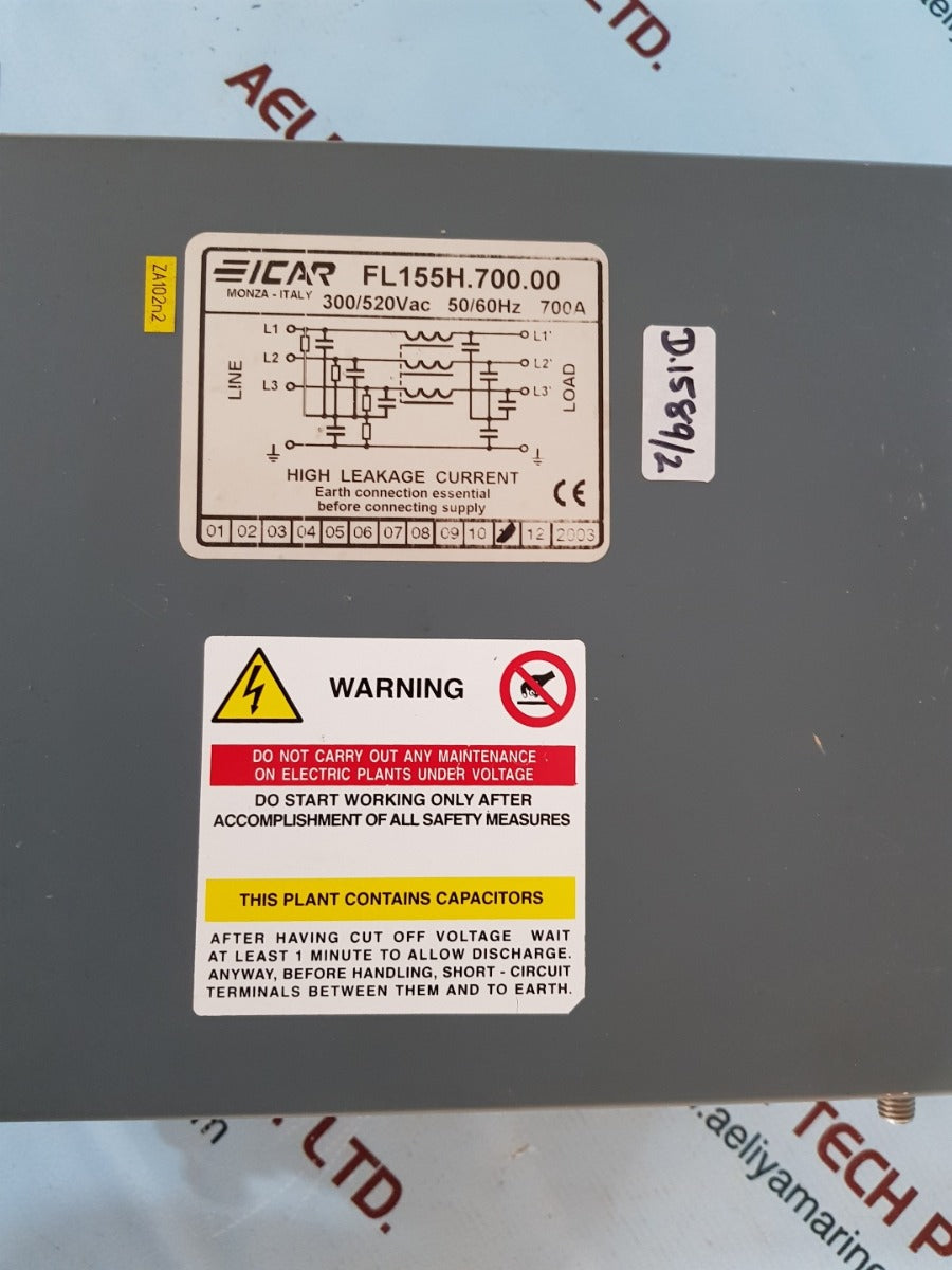 Icar fl155h.700.00 emi filter 300/520vac 50/60hz 700a