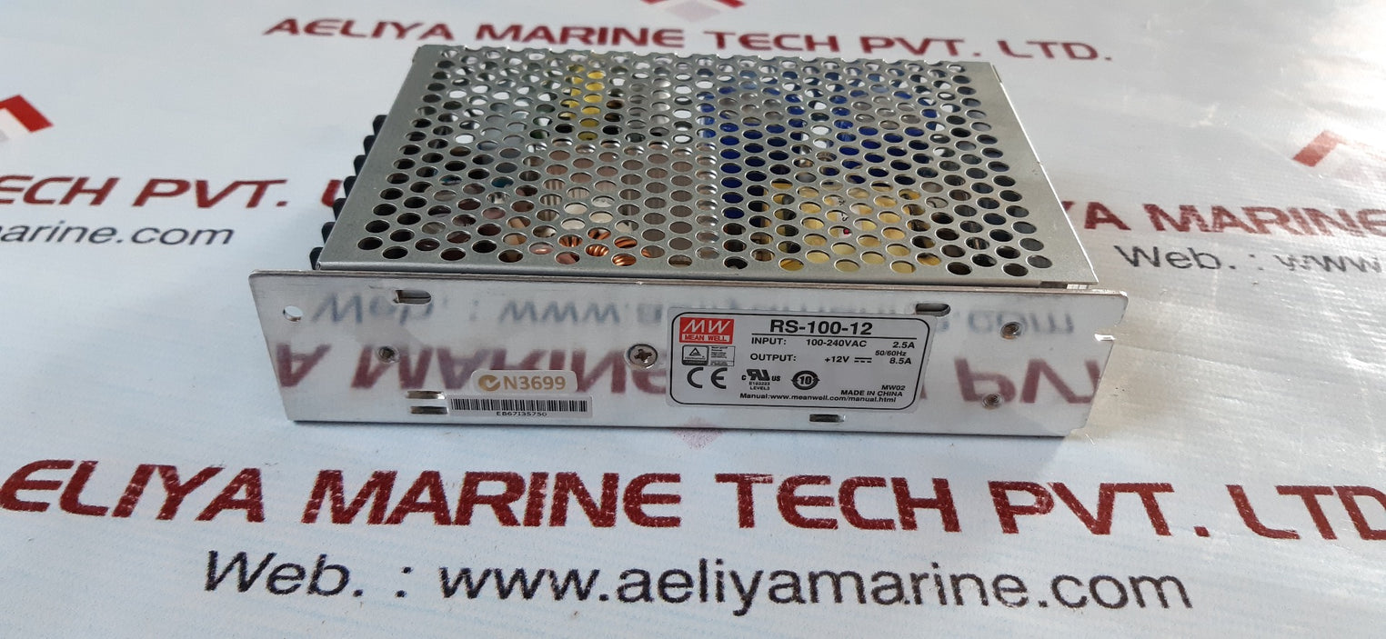 Mean well rs-100-12 power supply in. 100/240v 2.5a 50/60hz out. 12v 8.5a
