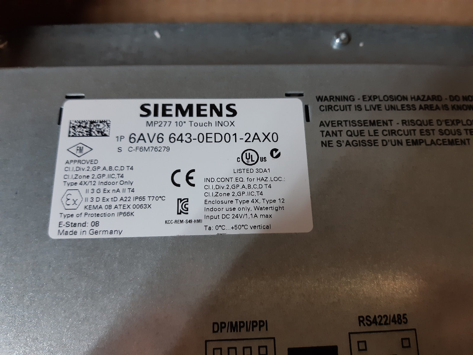 Siemens simatic multi panel 6av6 643-0ed01-2ax0 mp277 10" touch inox