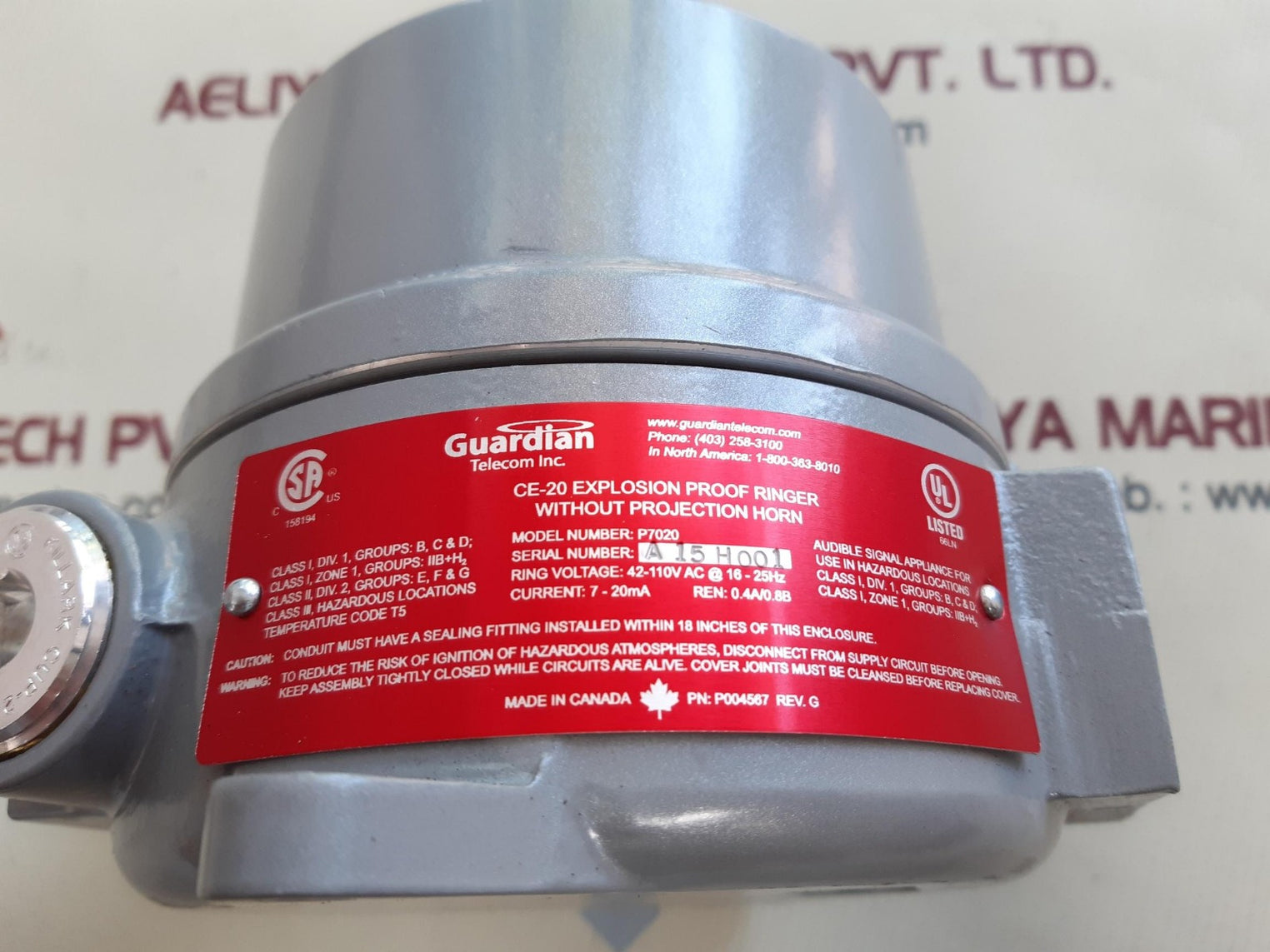 Guardian p7020 ce-20 explosion proof ringer without projection horn