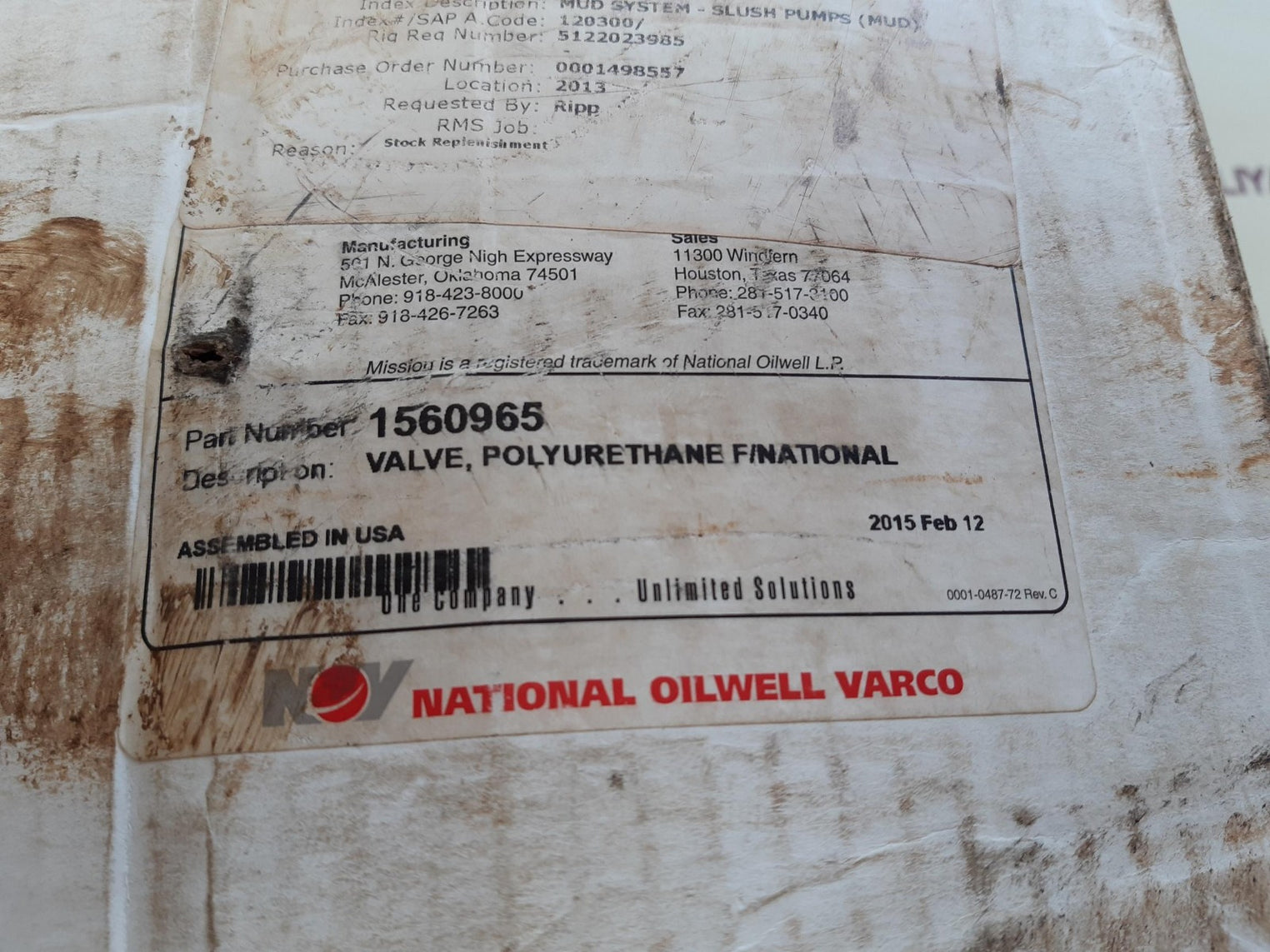 National oilwell 1560965 valve and mud pmup