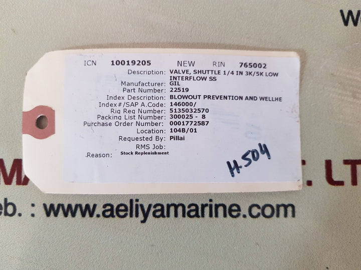 Proserv gilmore 22519 shuttle valve