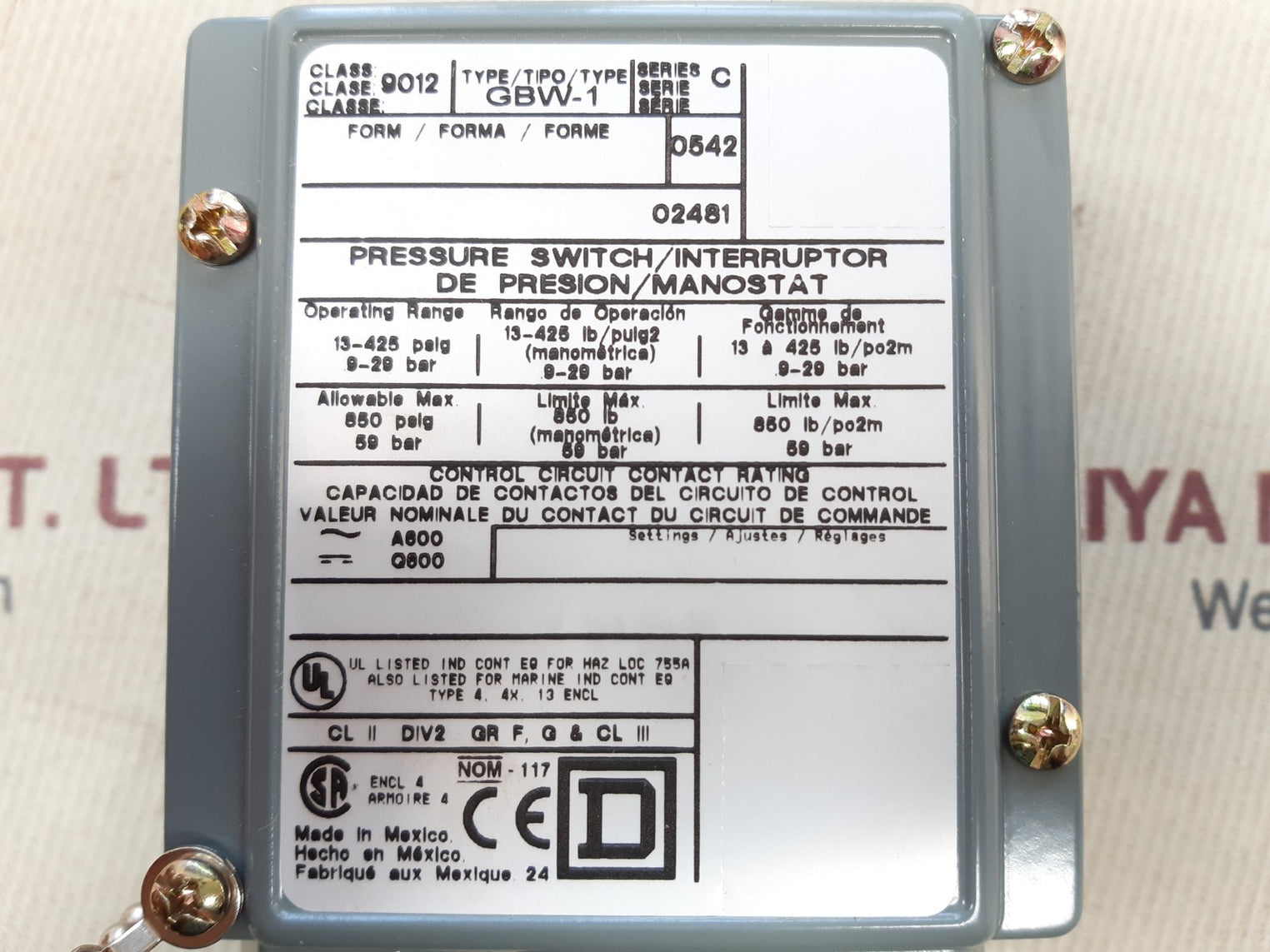 square D 9012 gbw-1 ser.c pressure switch