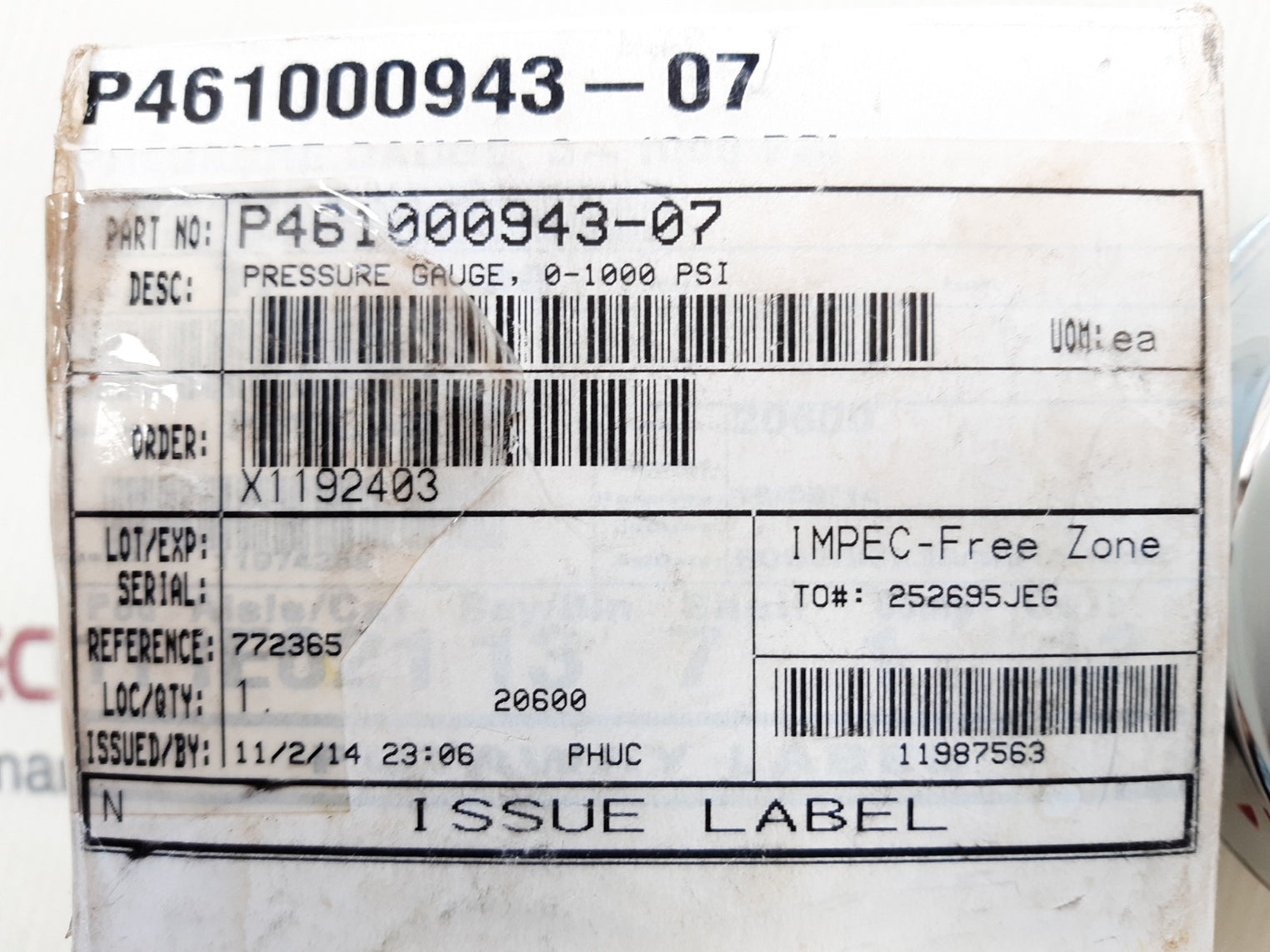 Nov p461000943-07 pressure gauge 0-1000 psi, 0-70bar