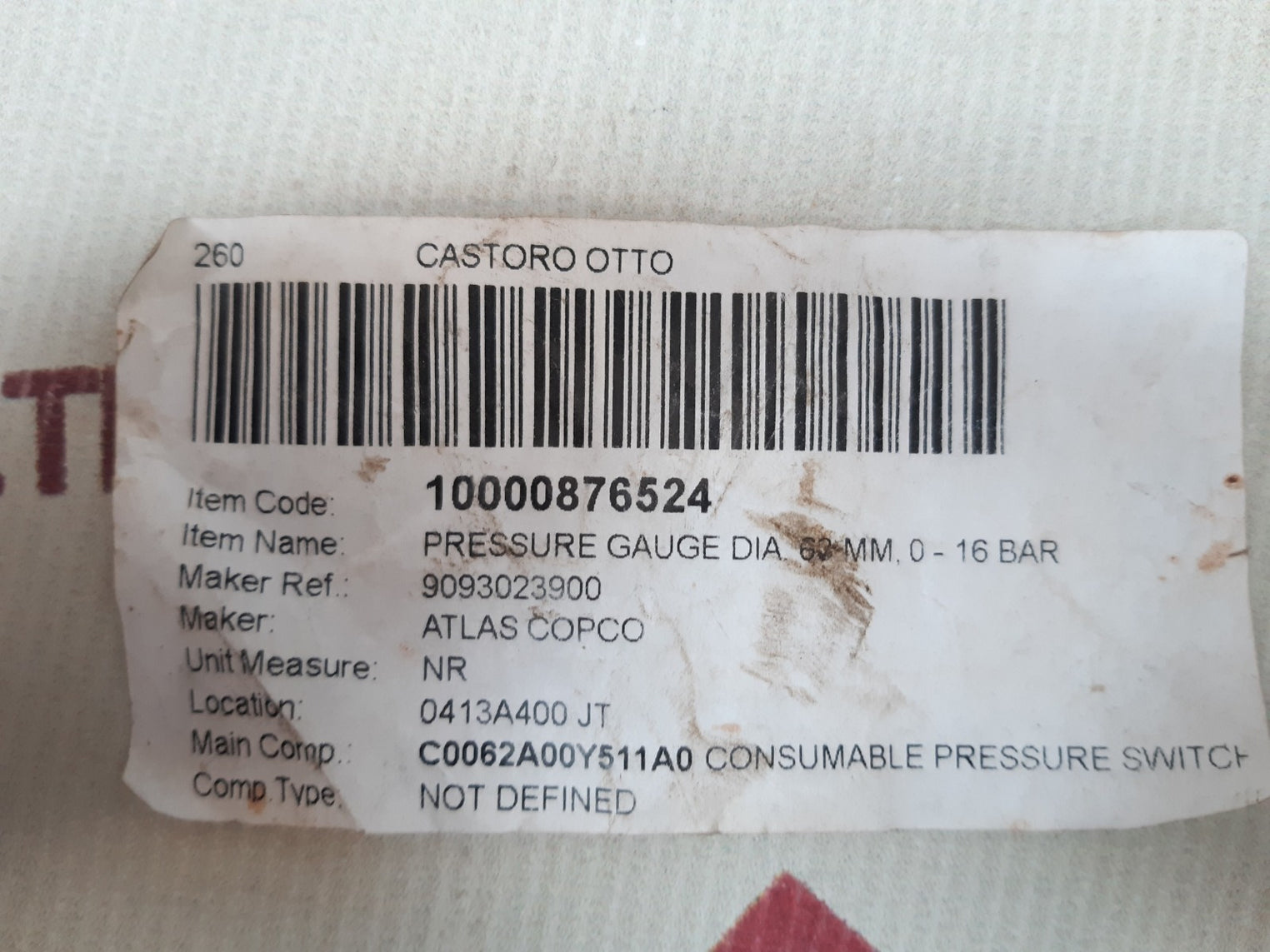 Atlas copco 9090023900 pgauge 0-16bar,0-230psi