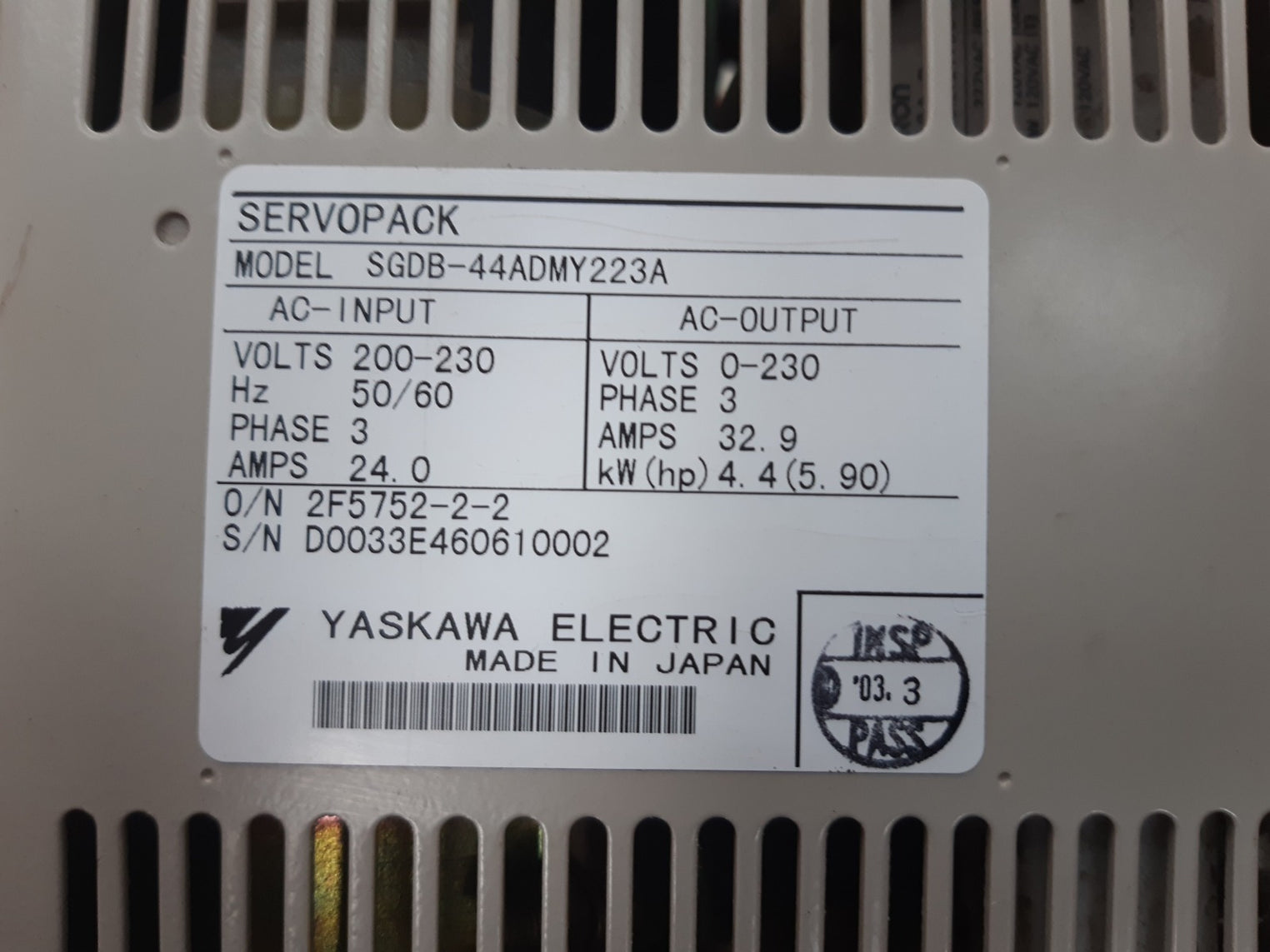 Yaskawa electric sgdb-44admy223a servopack 200/300v 50/60hz phase 3