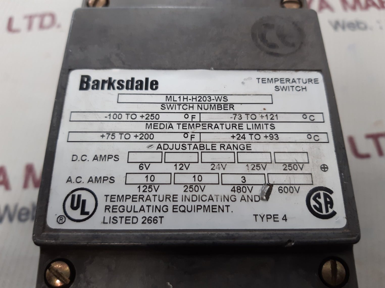 Barksdale ml1h-h203-ws temperature switch