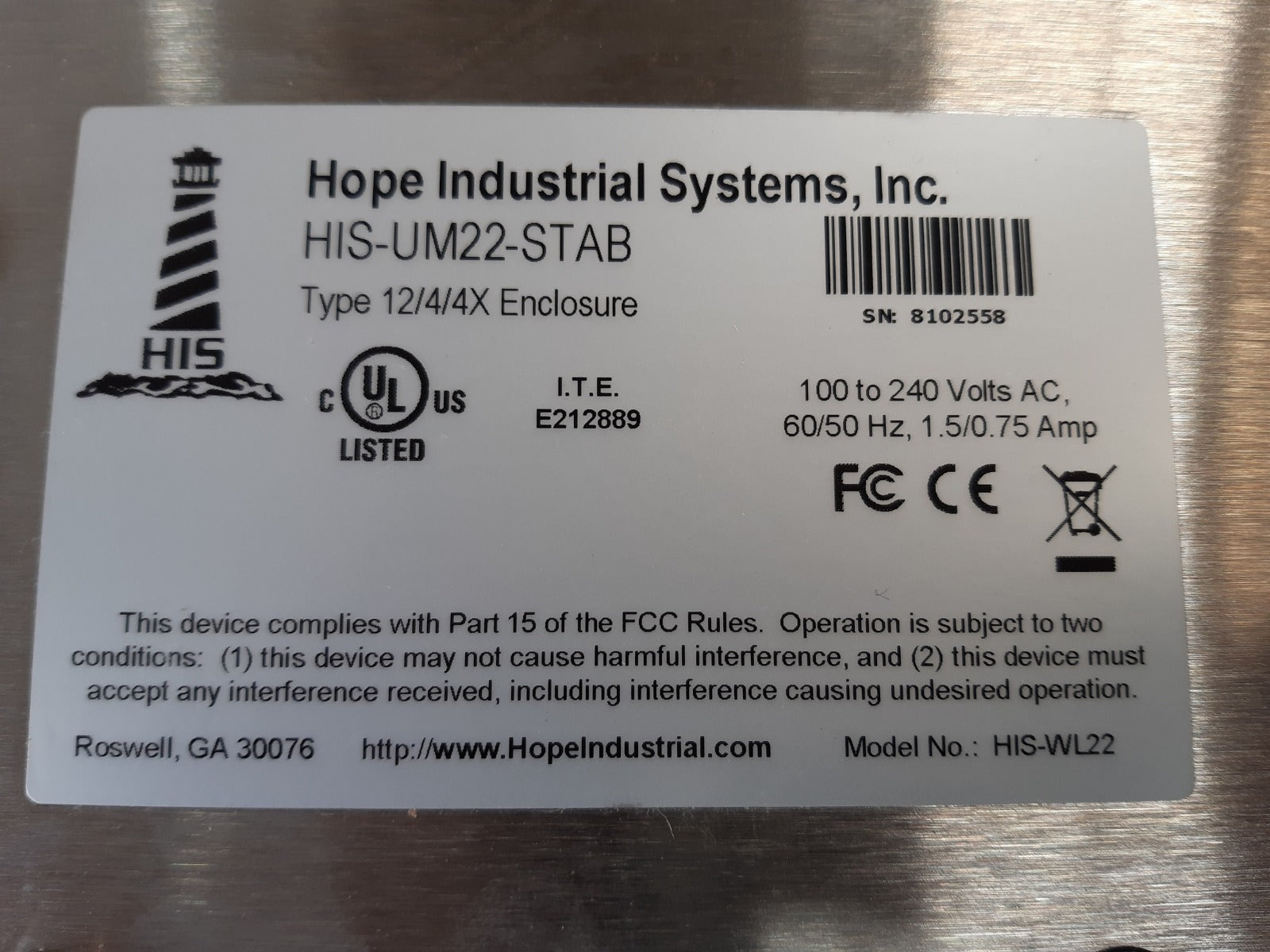 Hope his-um22-stab panel 12/4/4x enclosure