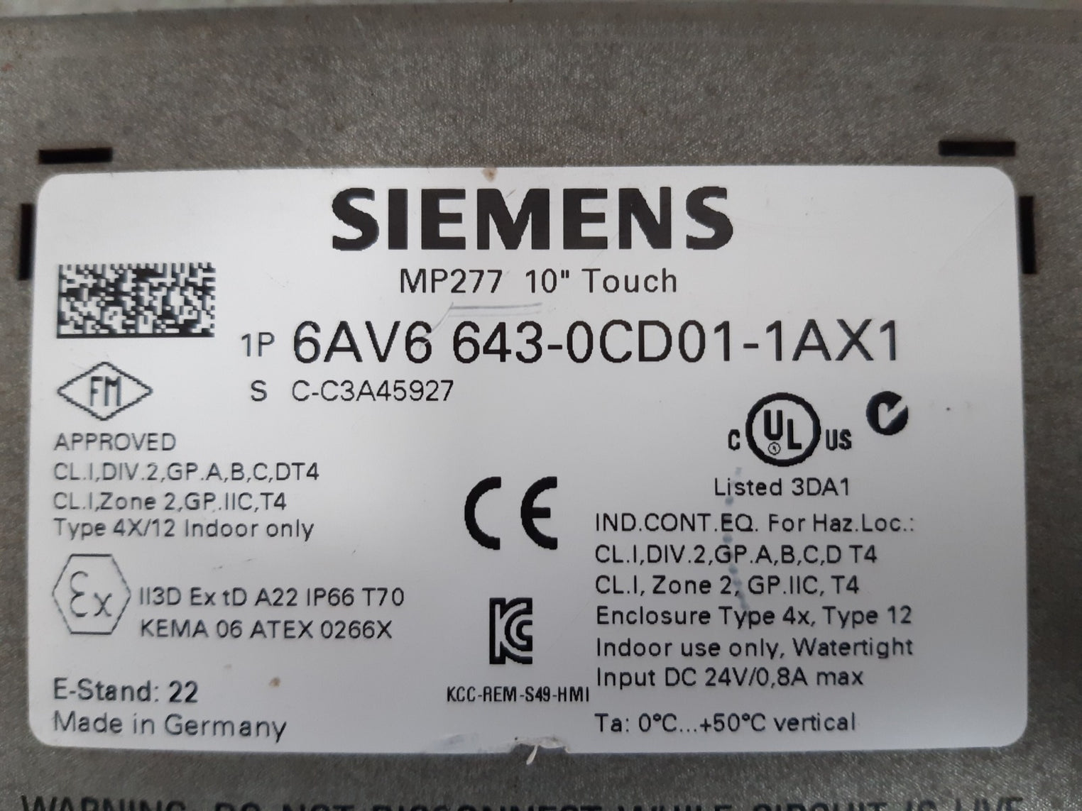 Siemens 6av6 643-0cd01-1ax1 simatic multipanel operator panel 