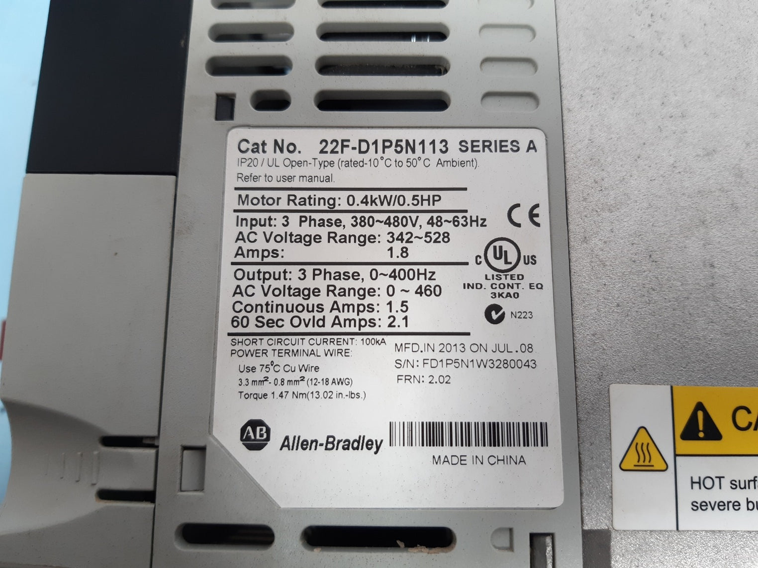 Allen-bradley 22F-d1P5N113 Power Flex 4M Ac Drive 380~480V 48~63Hz