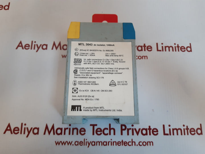 Mtl 3043 dc isolator module 1/40ma