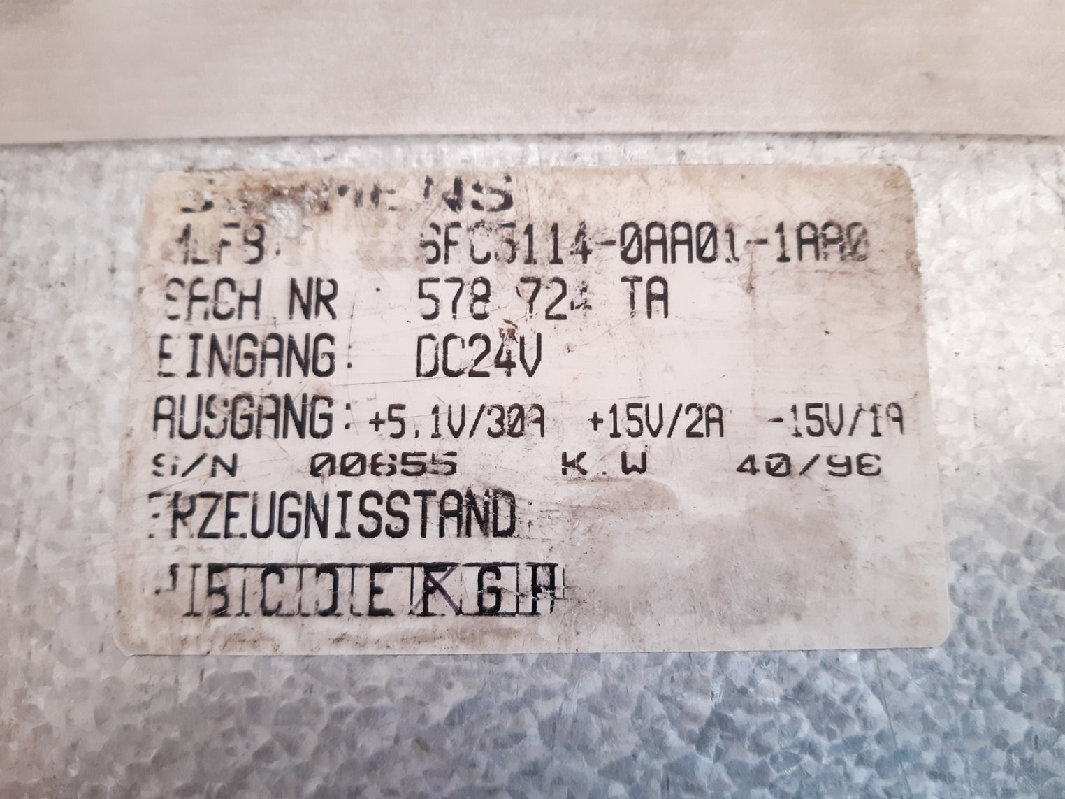 Siemens 6fc5114-0aa01-1aa0  controller power supply dc24v