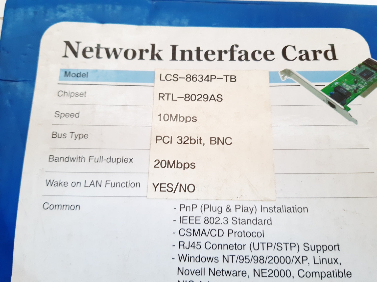 Lanstar lcs-8634p-tb network interface card  rtl-8029as