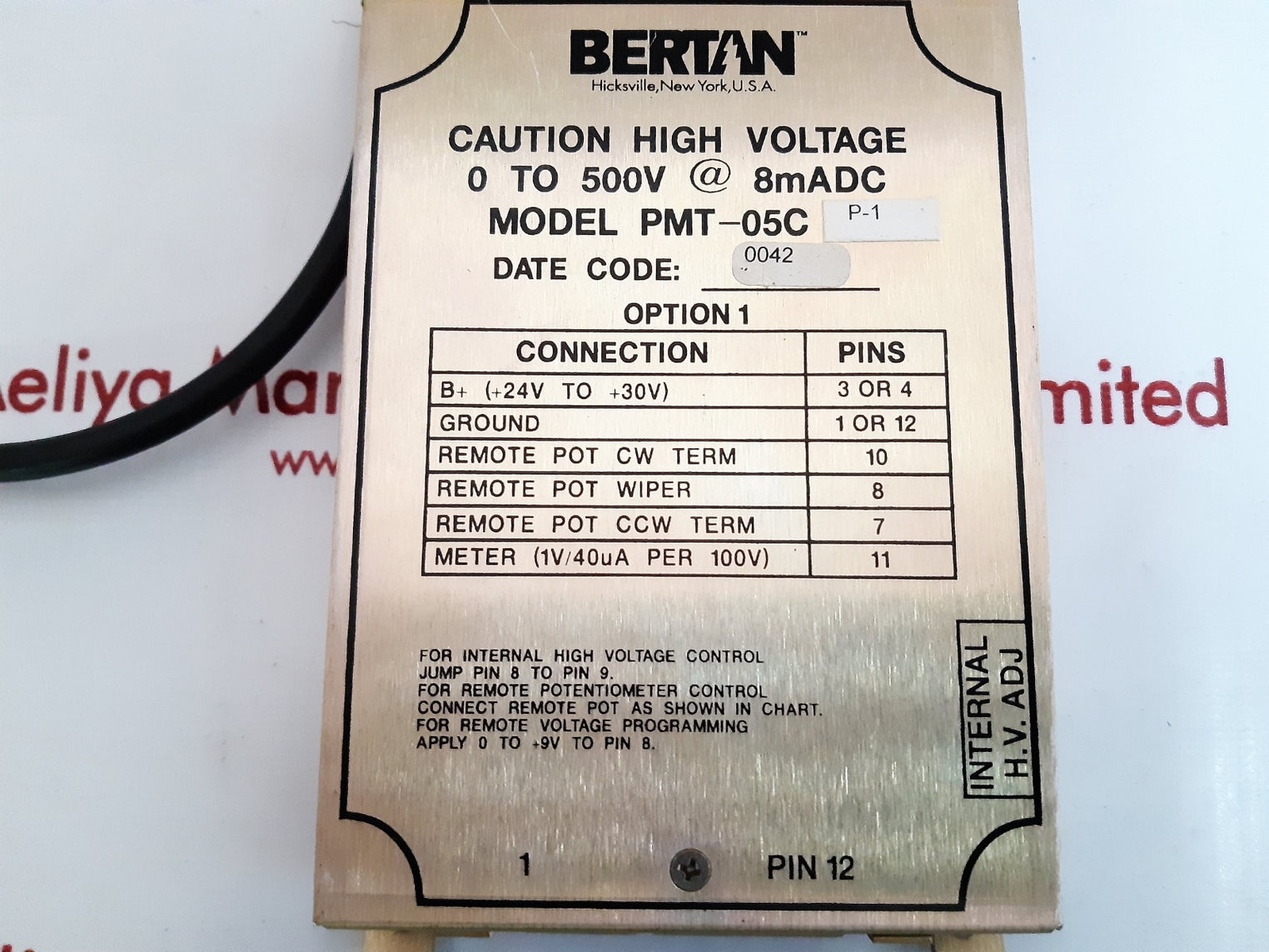 Bertan pmt-05c p-1 high voltage power supply 0 to 500v @ 8madc