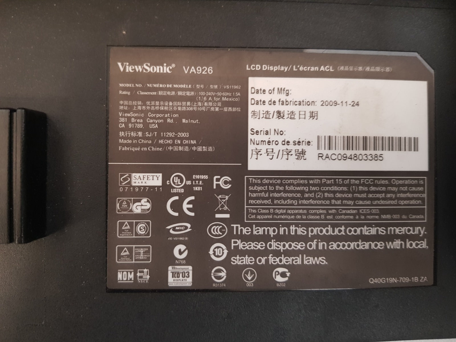 View sonic va926 lcd display vs11962