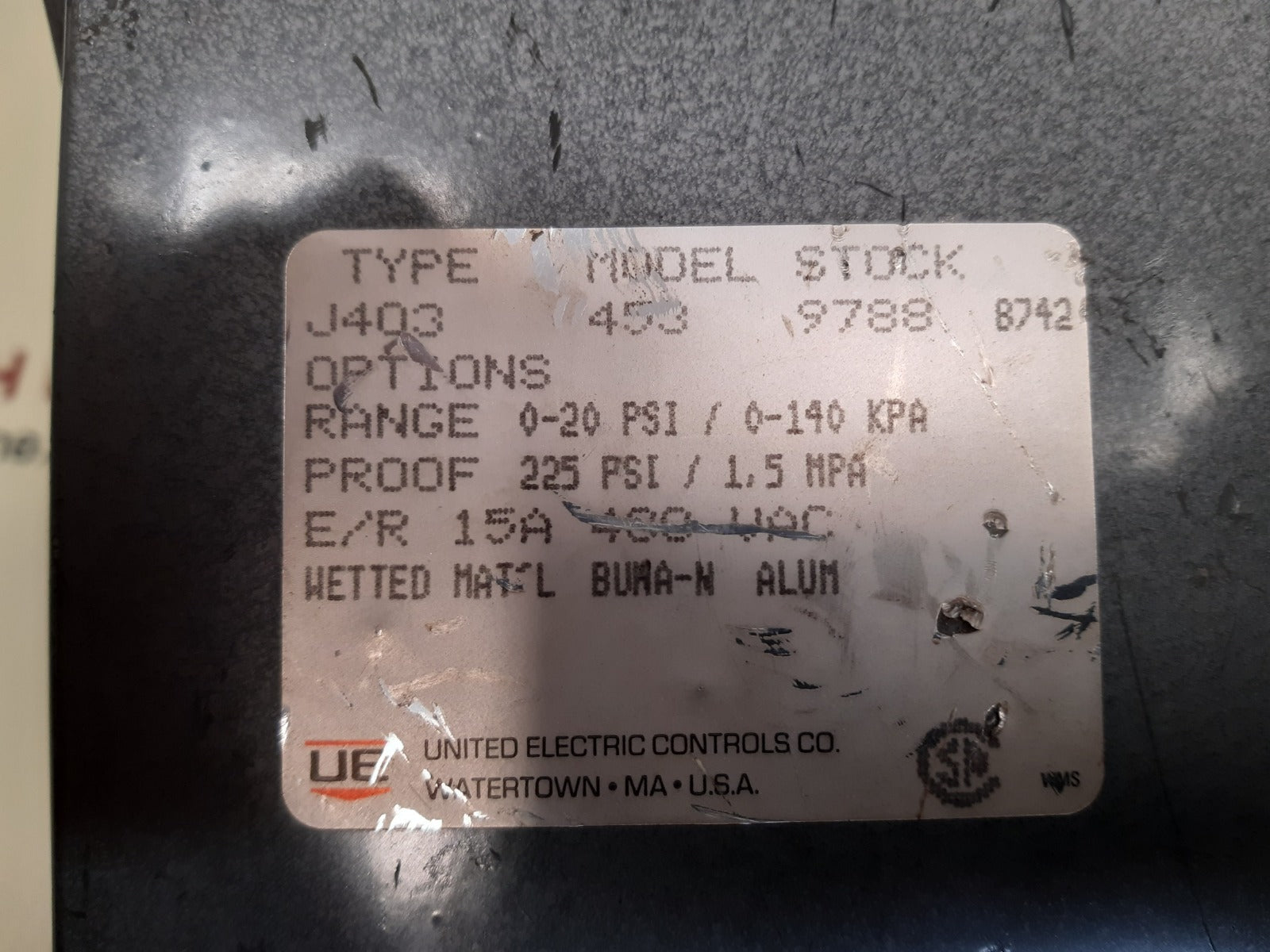 United electric j403 453 9788 pressure switch 0-20 psi 
