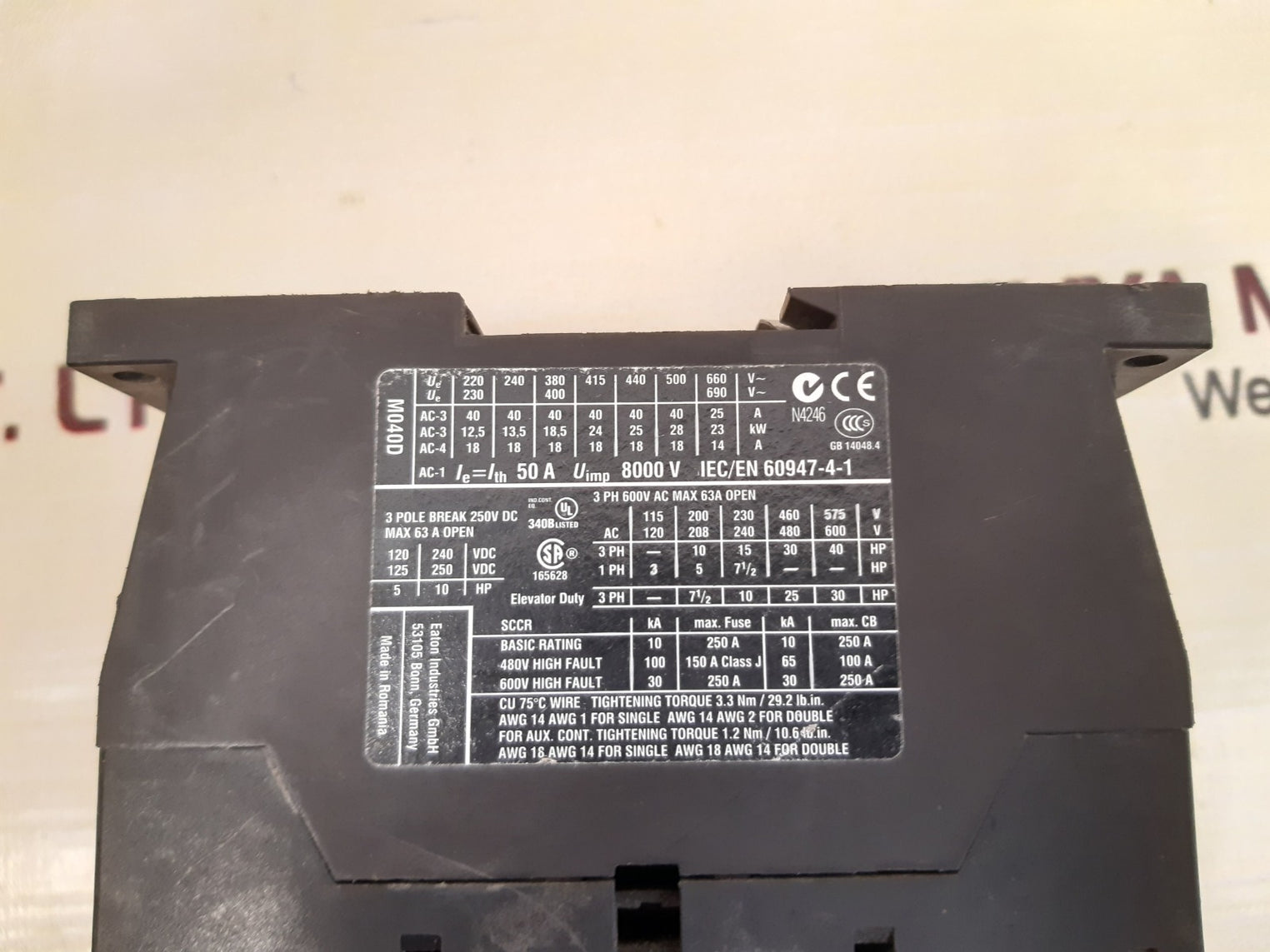 Eaton dil m40 contactor with m150-xhi11 contact block