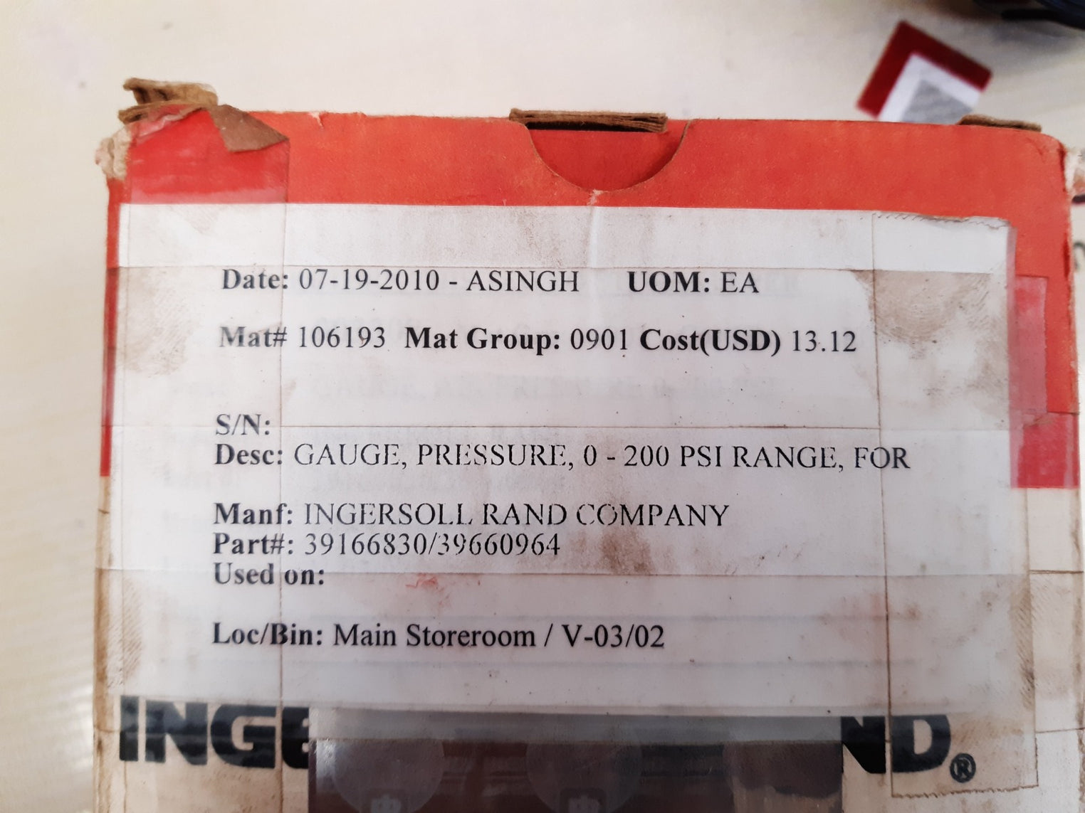 Ingersoll-rand 39166830 pressure gauge