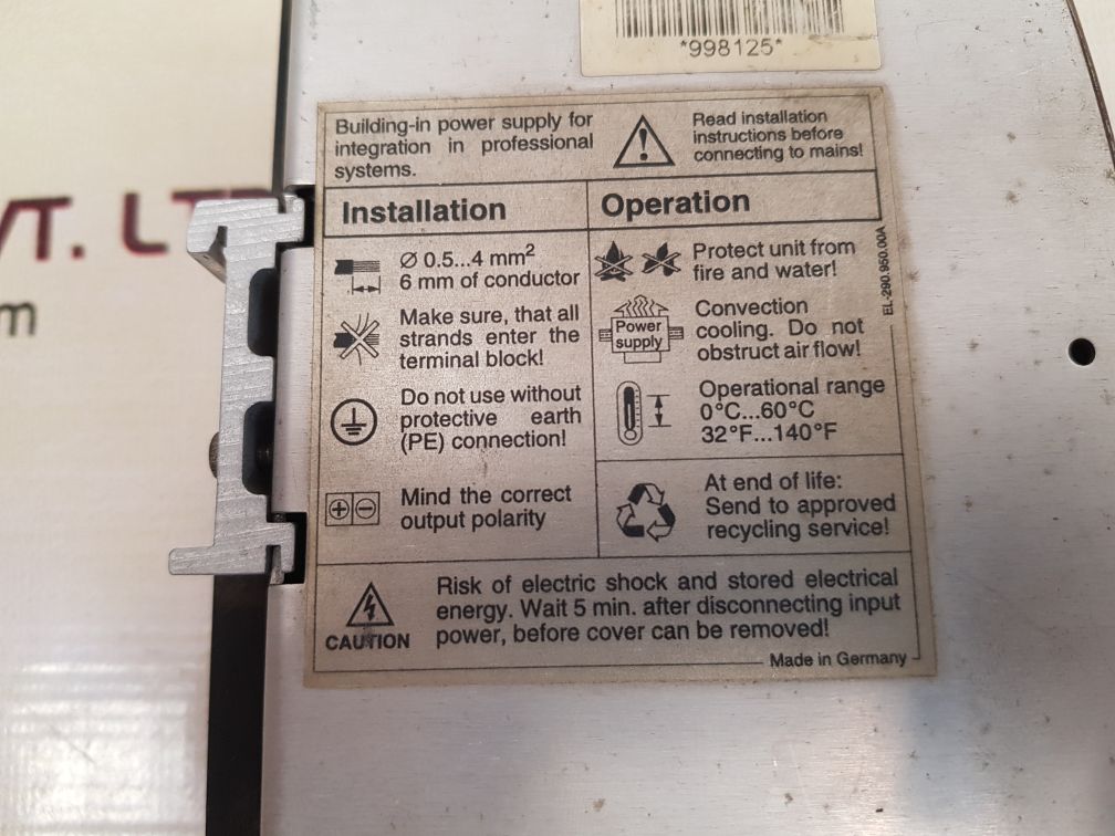 Ifm sl2.502 dn 2011 24vdc/2.5a power supply