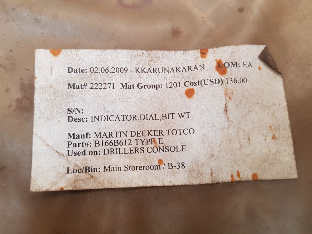 Md totco type e bit wt dial indicator b166b-612
