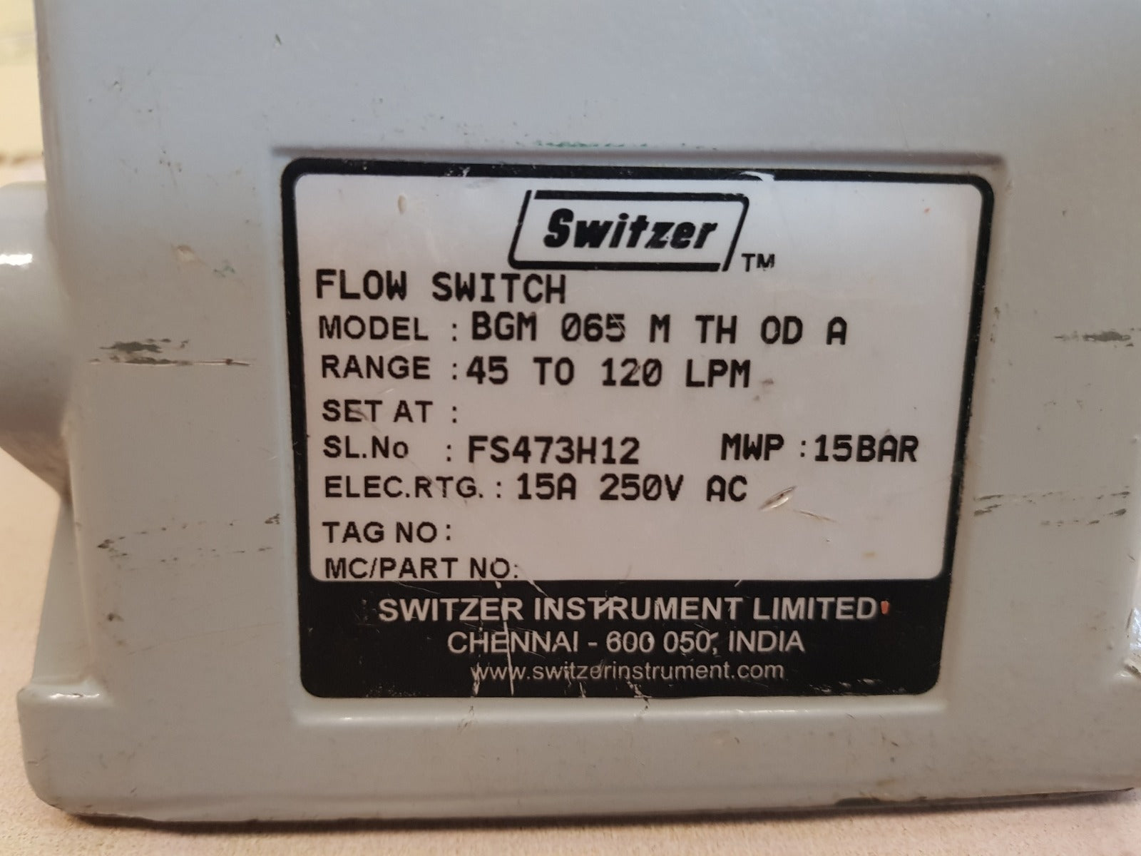 Switzer bgm 065 m th od a flow switch 15 bar