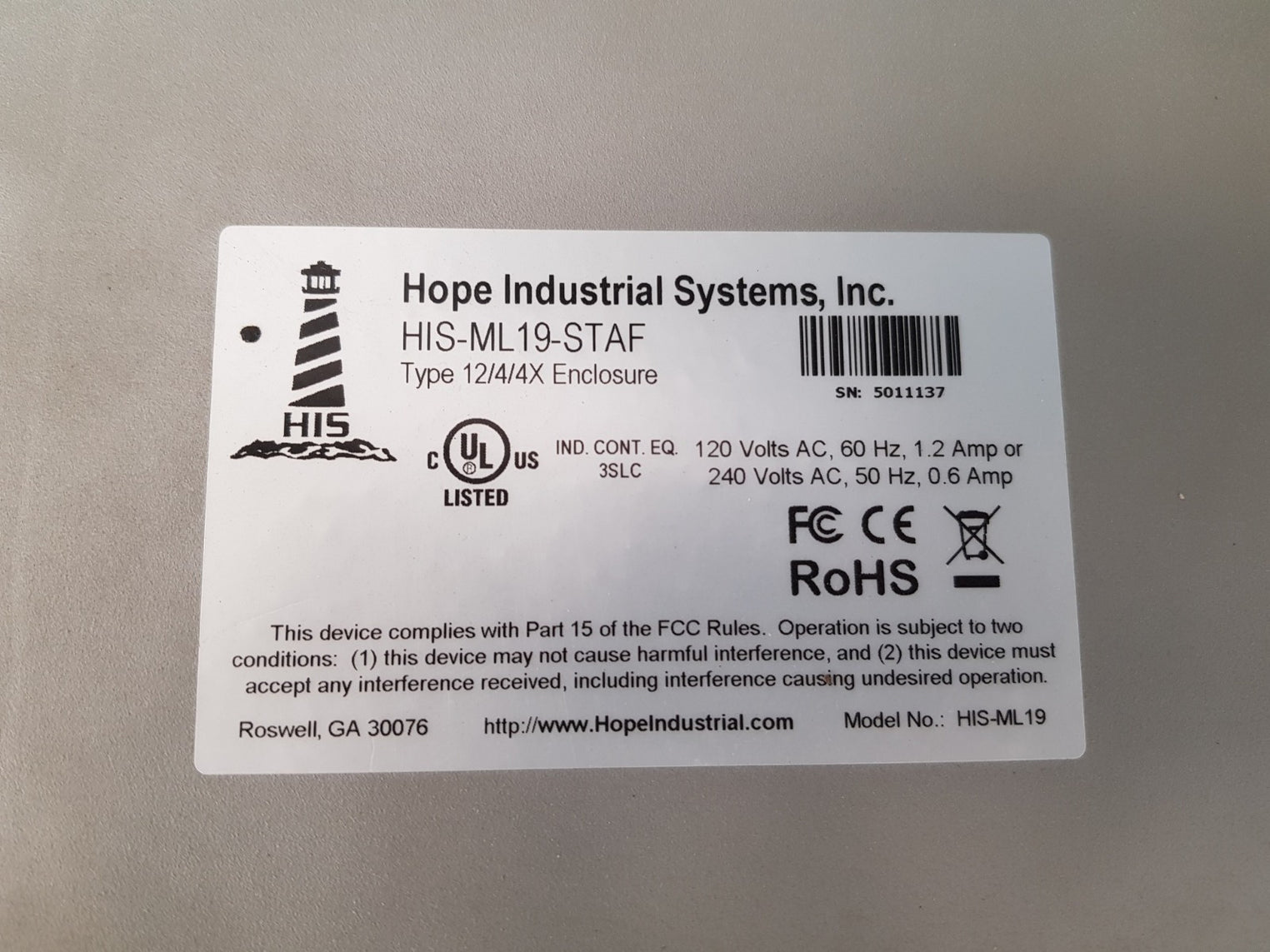 Hope industrial systems his-ml 19 touchscreen operator interface panel 