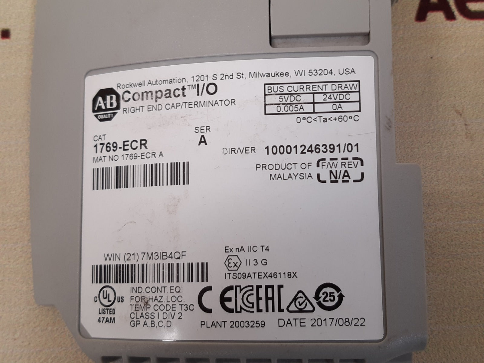 Allen-bradley 1769-ecr right end cap/terminator 1769-ecr a