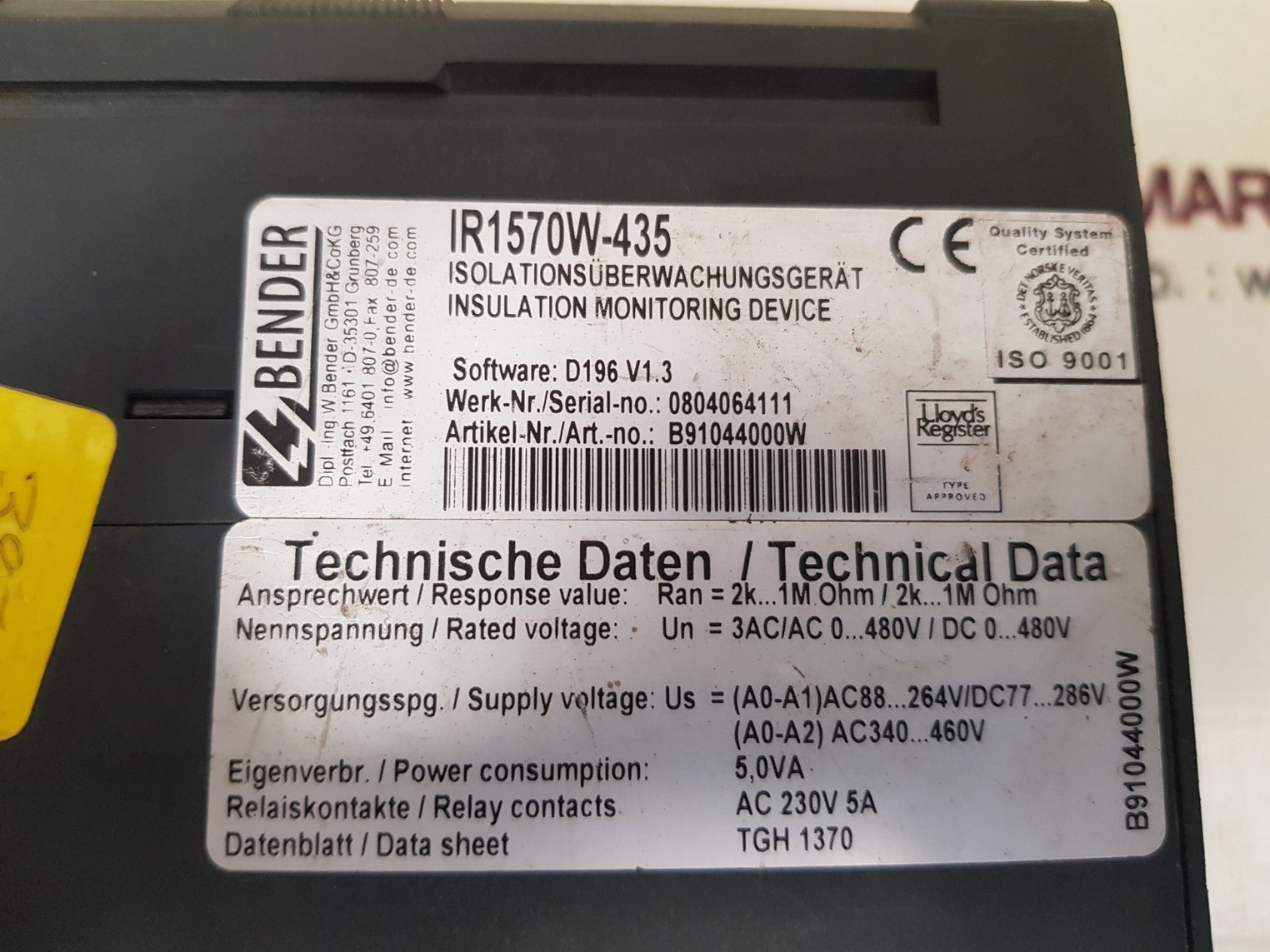 Bender Ir1570W-435 Insulation Monitoring Device B91044000W Relay Ac 230 5A