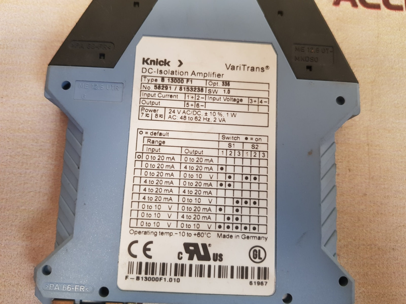 Knick B 13000 F1 Varitrans Dc-isolation Amplifier Temp.-10 To +60°C