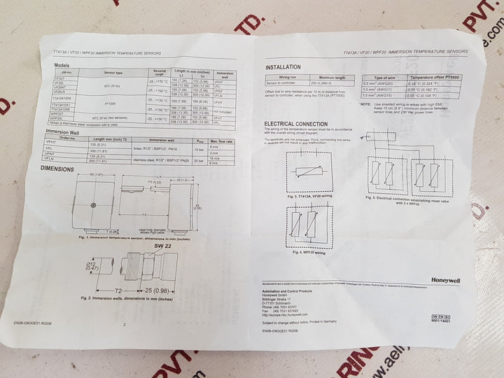 Honeywell vf20t immersion temperature sensor