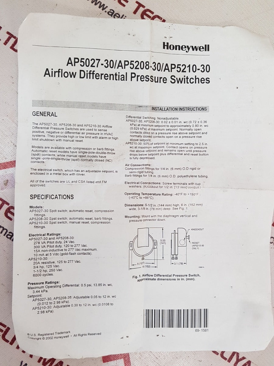 Honeywell ap5027-30 airflow differential pressure switches