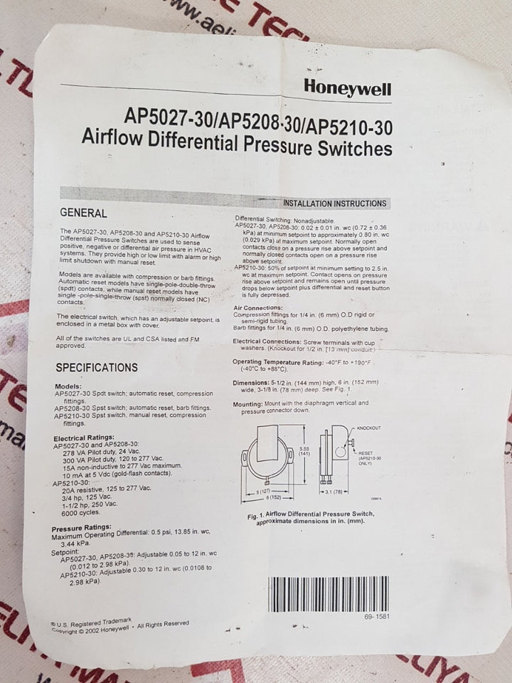 Honeywell ap5027-30 airflow differential pressure switches