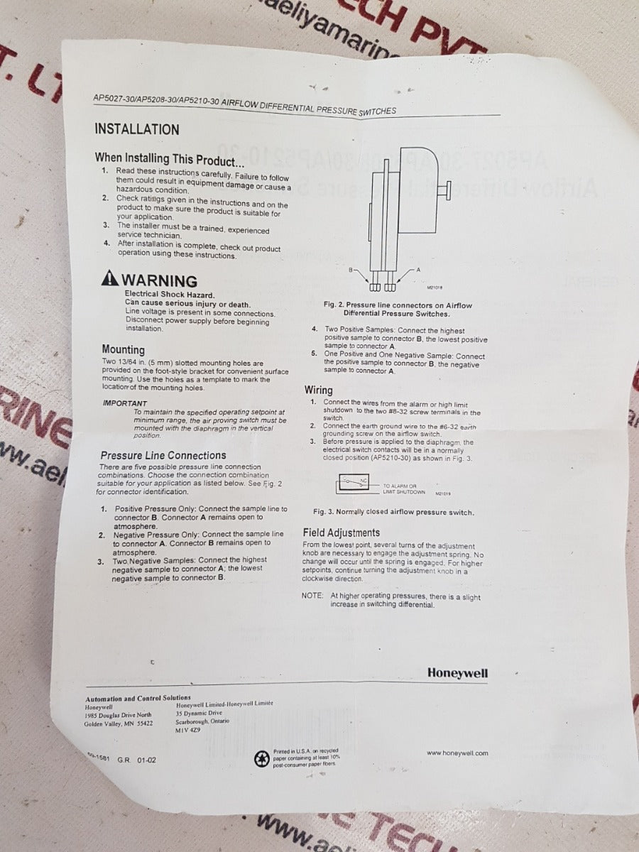 Honeywell ap5027-30 airflow differential pressure switches