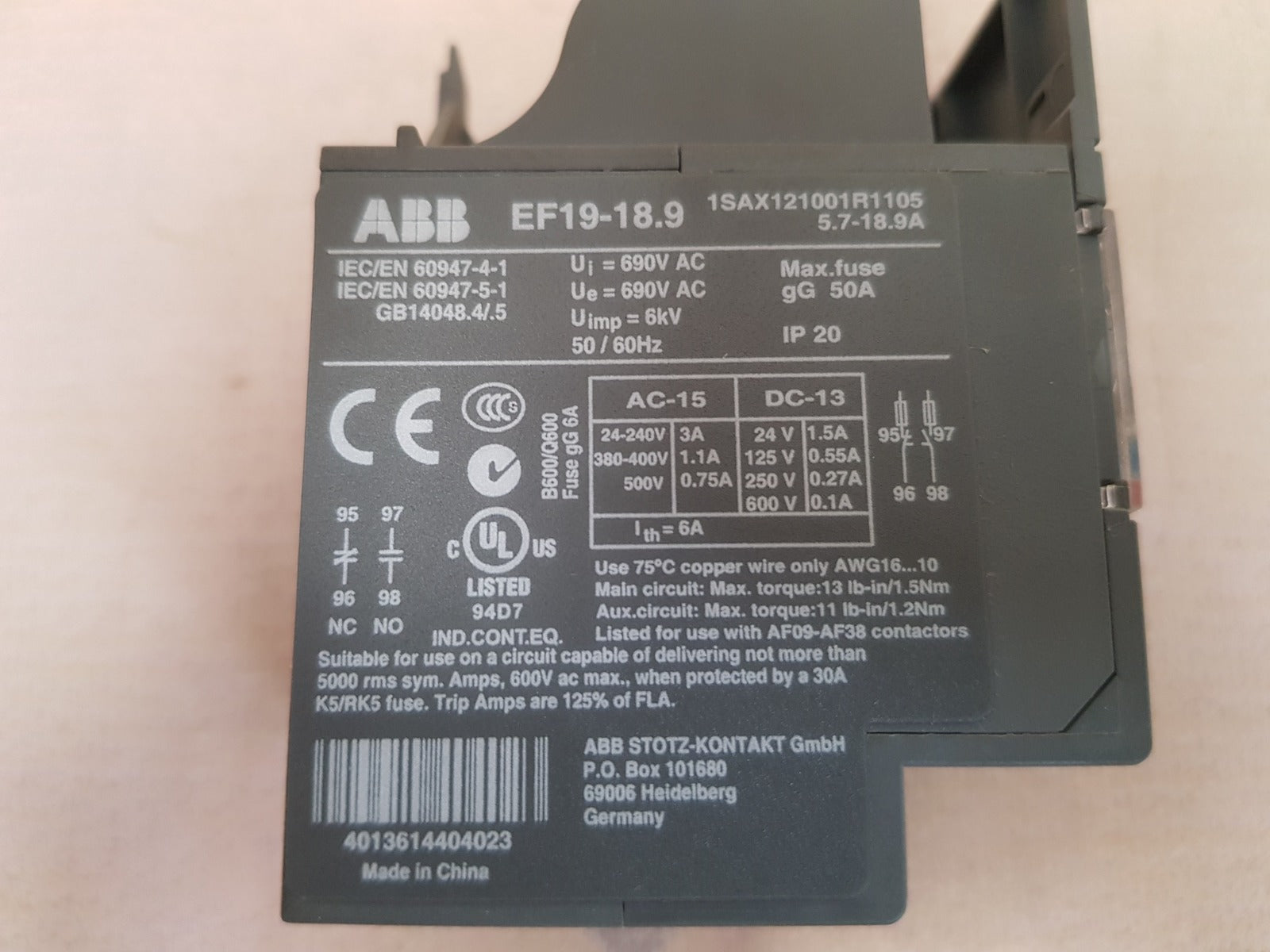 Abb Ef19-18.9 Overload Relay 1Sax121001R1105