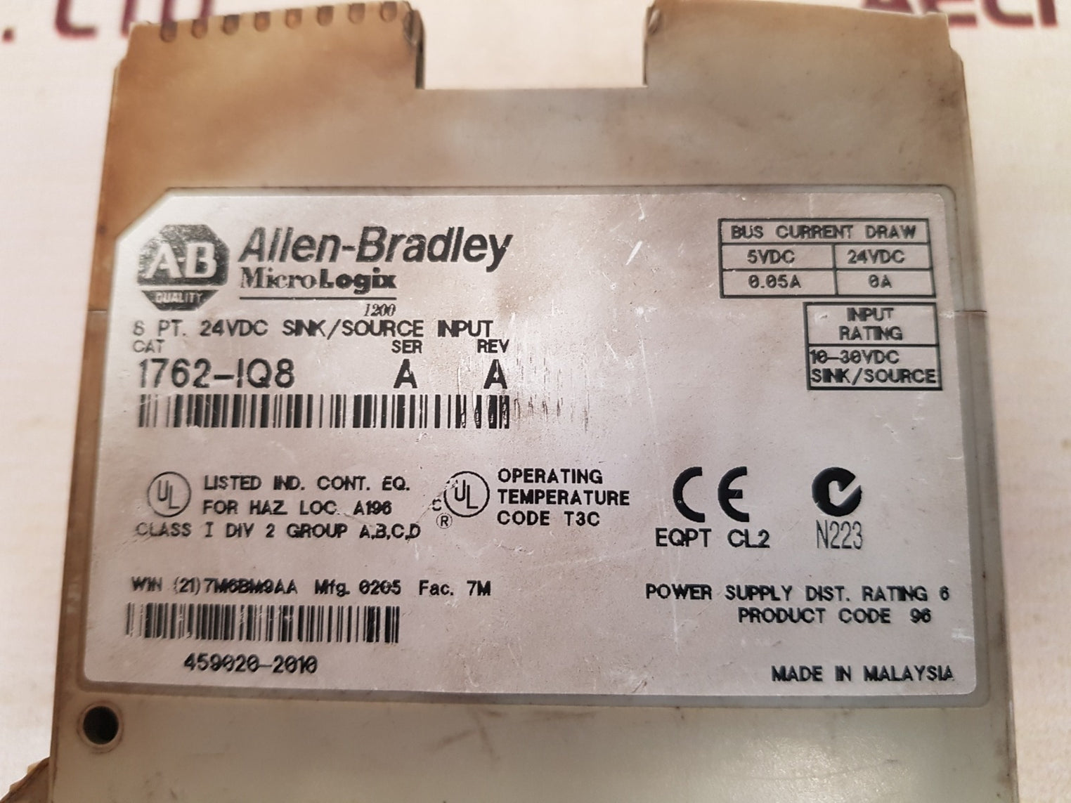 Allen-bradley 1762-iq8 Ser A Rev A Micro Logix Sink/Source Input Module