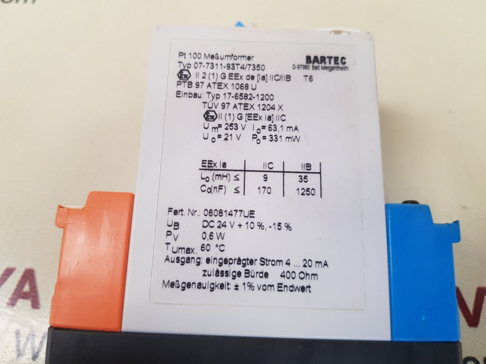 Bartec 07-7311-93t4/7350 measuring transducer