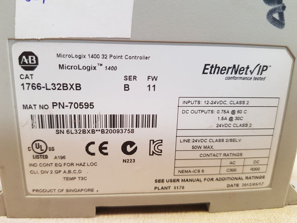 Allen-bradley 1766-l32bxb ser b micro logix 1400 controller fw: 11