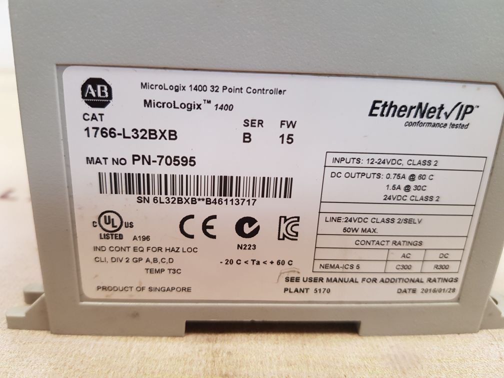 Allen-bradley 1766-l32bxb ser b micrologic 1400 controller fw: 15