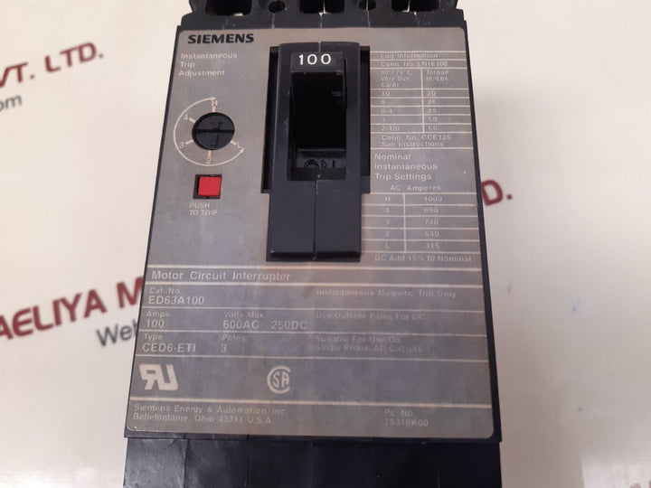 Siemens ed63a100 circuit breaker ced6-eti
