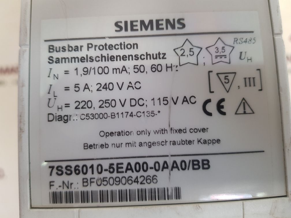 Siemens 7ss6010-5ea00-0aa0/bb busbar protection