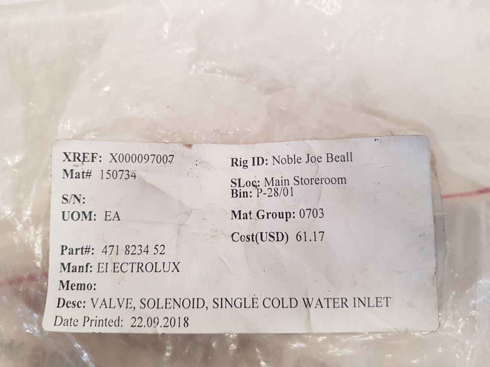 Electrolux 471823452 single cold water inlet solenoid valve 
