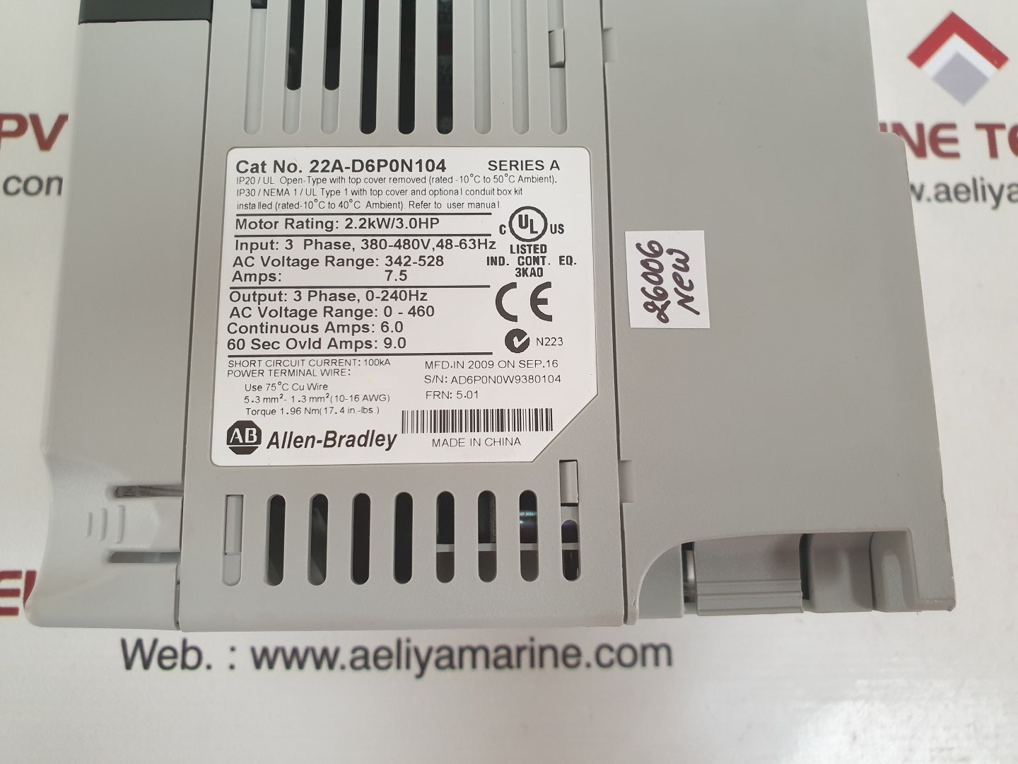 Allen-bradley flex 4 22a-d6p0n104 series a ac drive 2.2kw/3.0hp