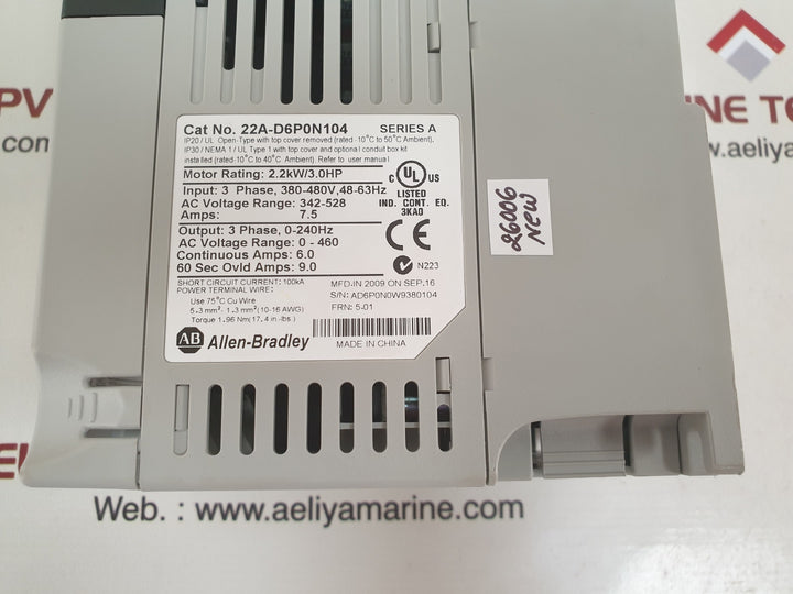 Allen-bradley flex 4 22a-d6p0n104 series a ac drive 2.2kw/3.0hp