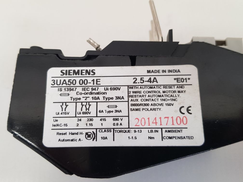 Siemens 3ua50 00-1e overload relay 2.5-4a