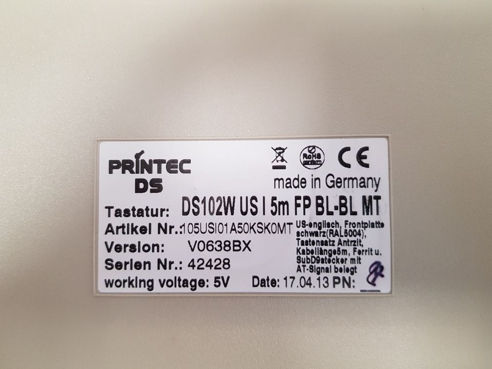 Printec 105usi01a50ksk0mt keyboard version:v0638bx